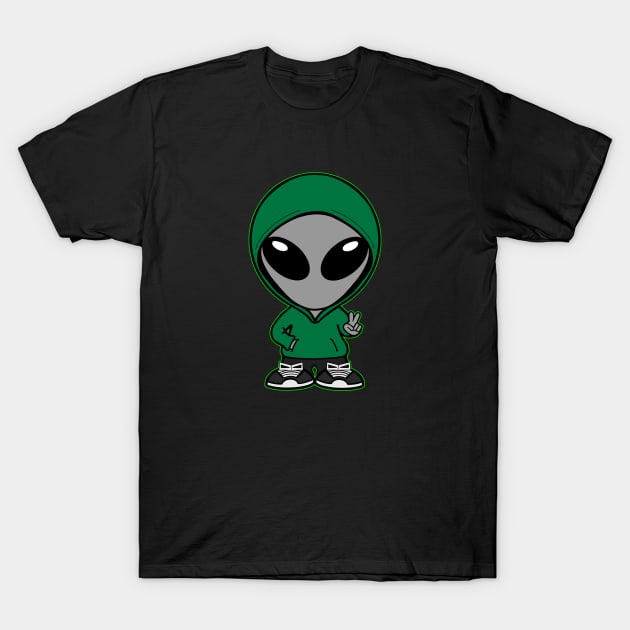 Casual Clothed Gray Alien Holding Up "Peace" Hand Sign T-Shirt by SpaceAlienTees